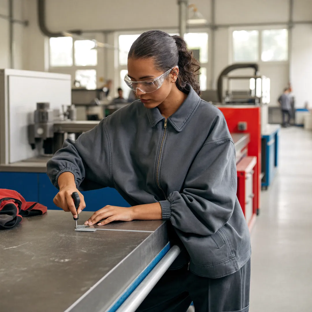 An apprentice working on a metal part at a workbench in a German training workshop