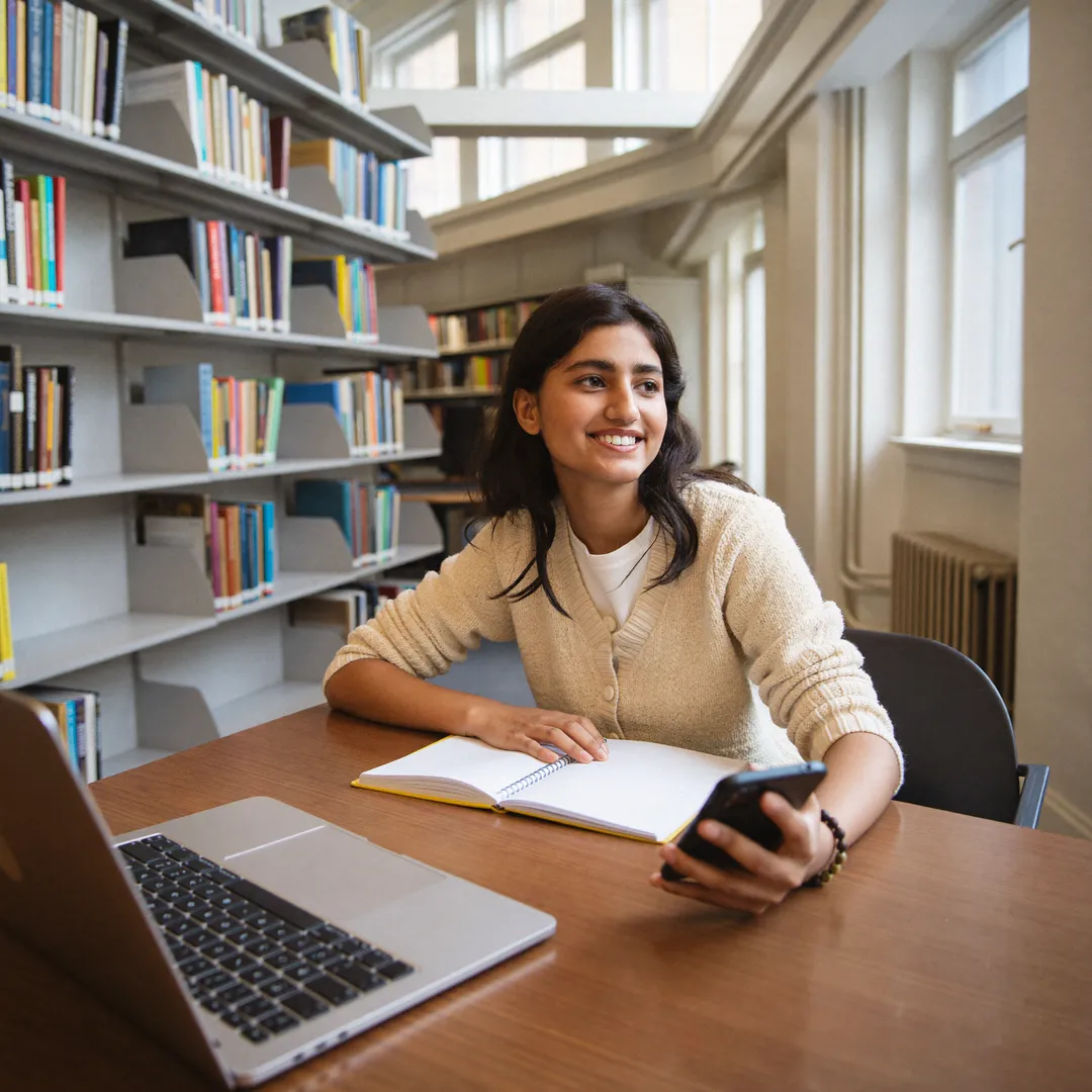 An international student working at a laptop in a German university library