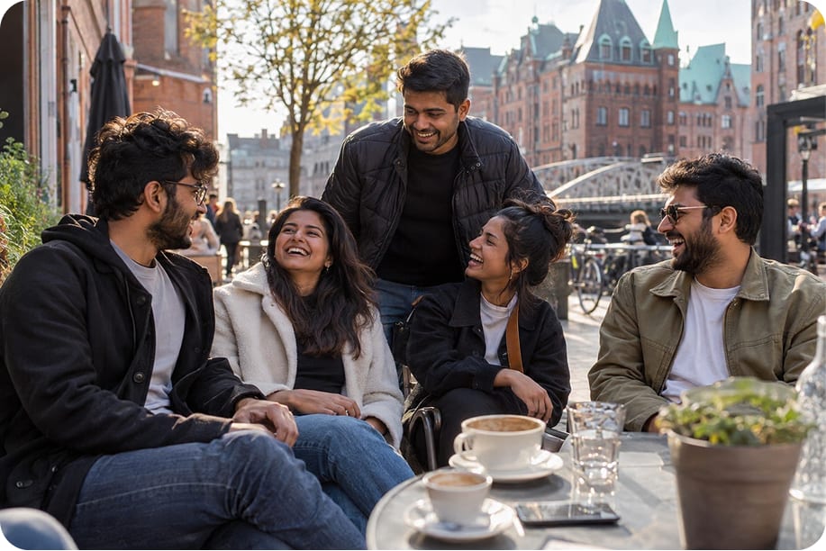 Five friends laughing at a café table in Hamburg